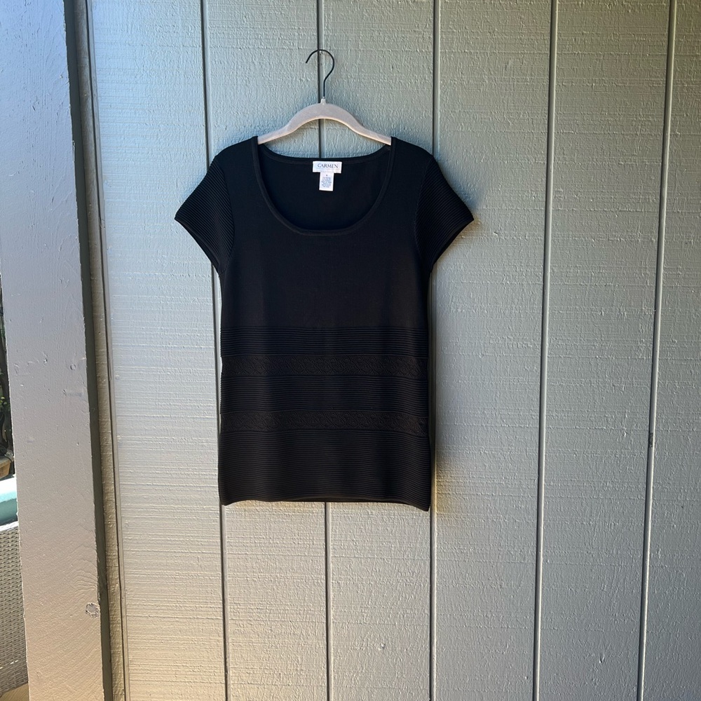 Carmen Marc Valvo Black Textured Stripes & Lace Detail Short Sleeve Top